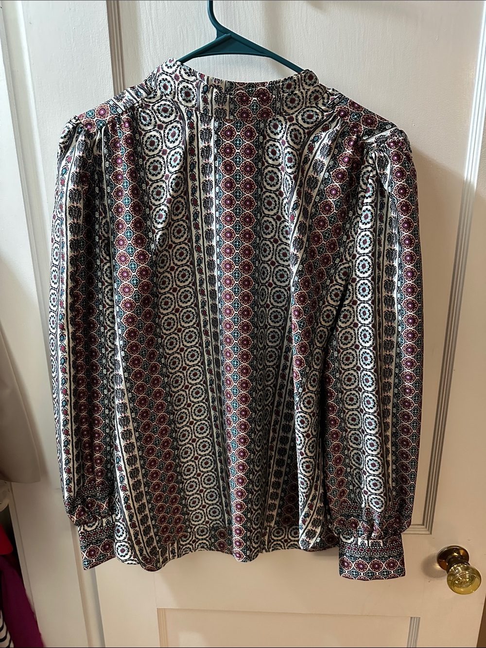 LOFT Printed Long-Sleeve Medallion Blouse in Cream, Burgundy, Teal